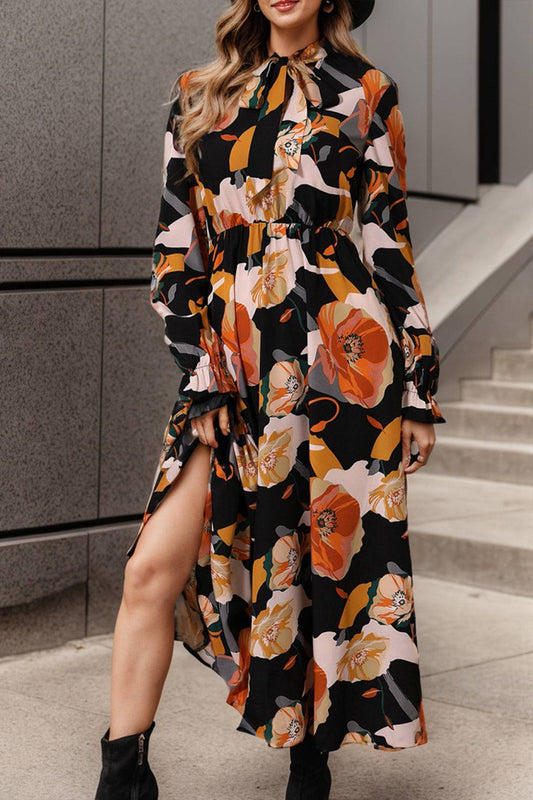 Printed Tie Neck Flounce Sleeve Dress - Siennasass
