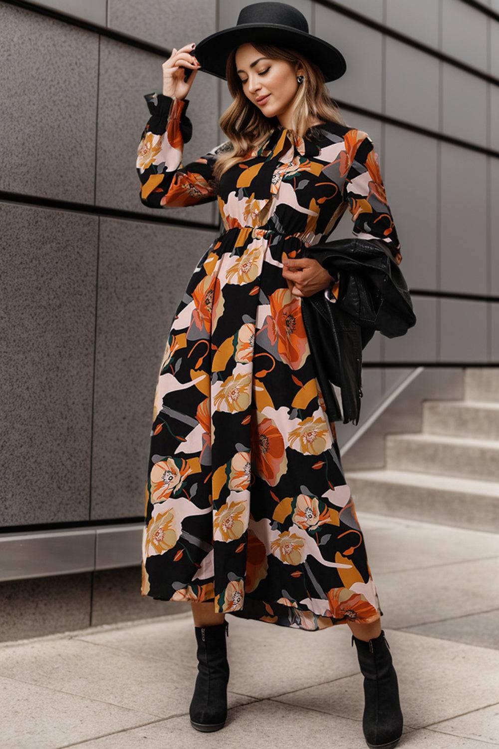 Printed Tie Neck Flounce Sleeve Dress - Siennasass