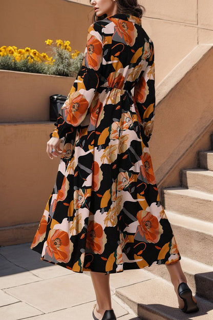 Printed Tie Neck Flounce Sleeve Dress - Siennasass