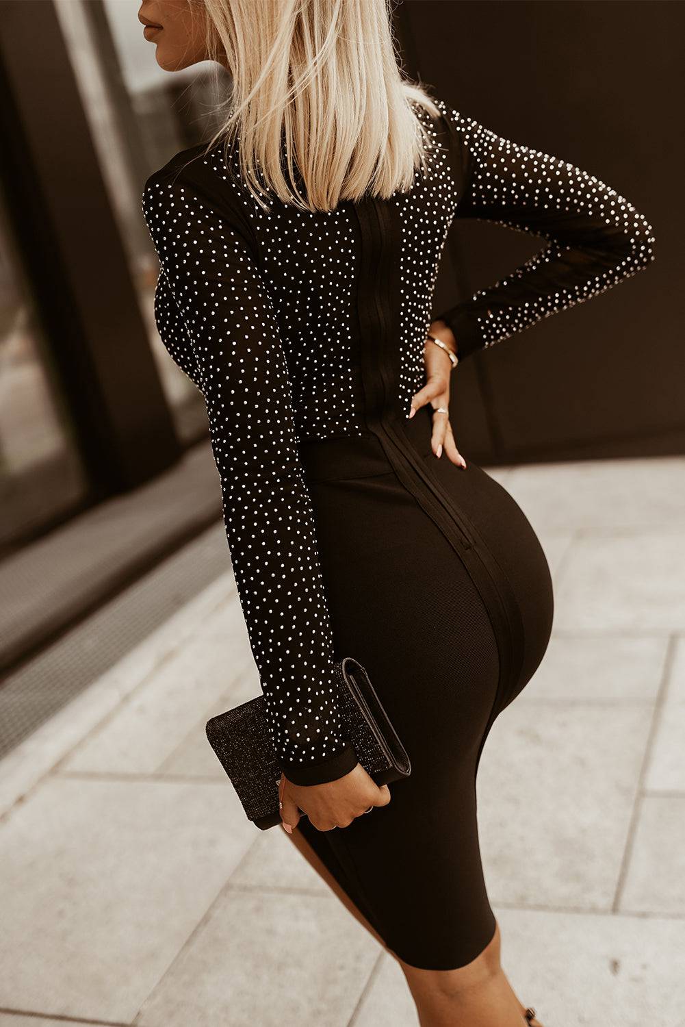 Rhinestone Mock Neck Long Sleeve Dress - Siennasass