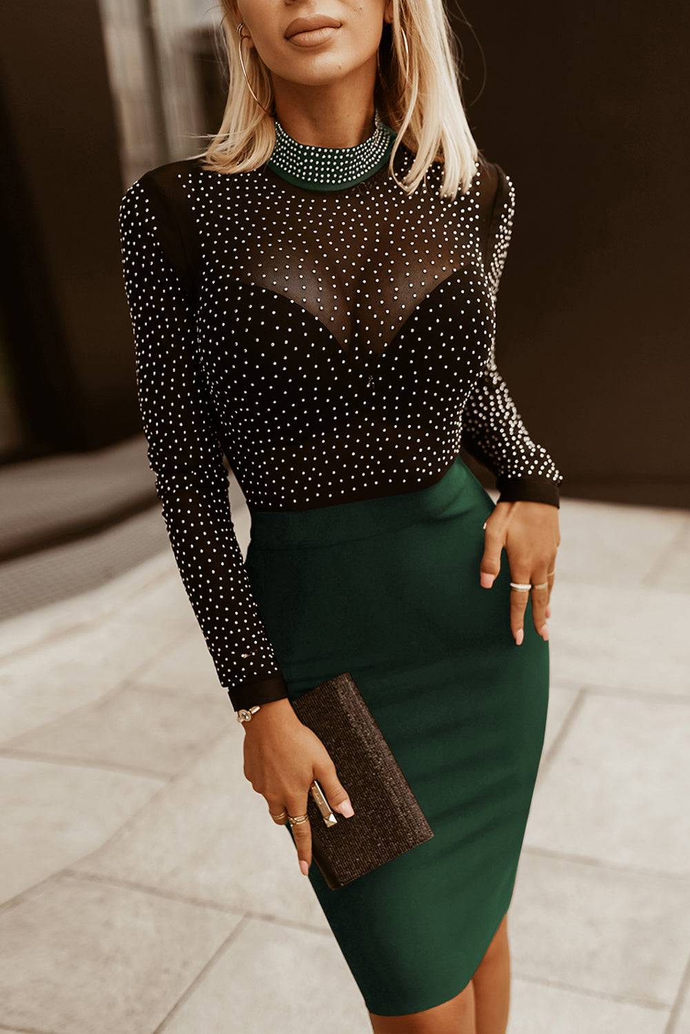 Rhinestone Mock Neck Long Sleeve Dress - Siennasass