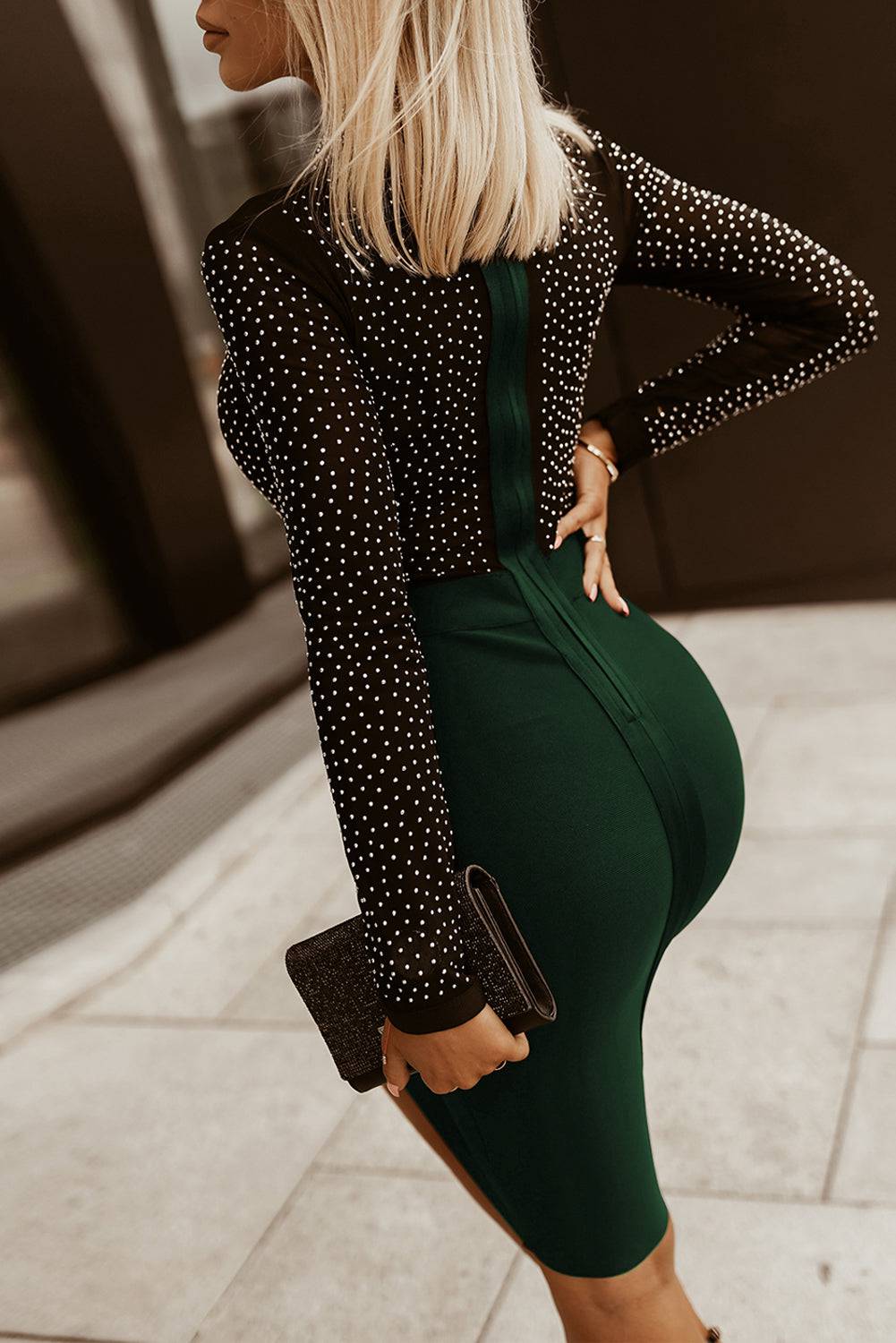 Rhinestone Mock Neck Long Sleeve Dress - Siennasass