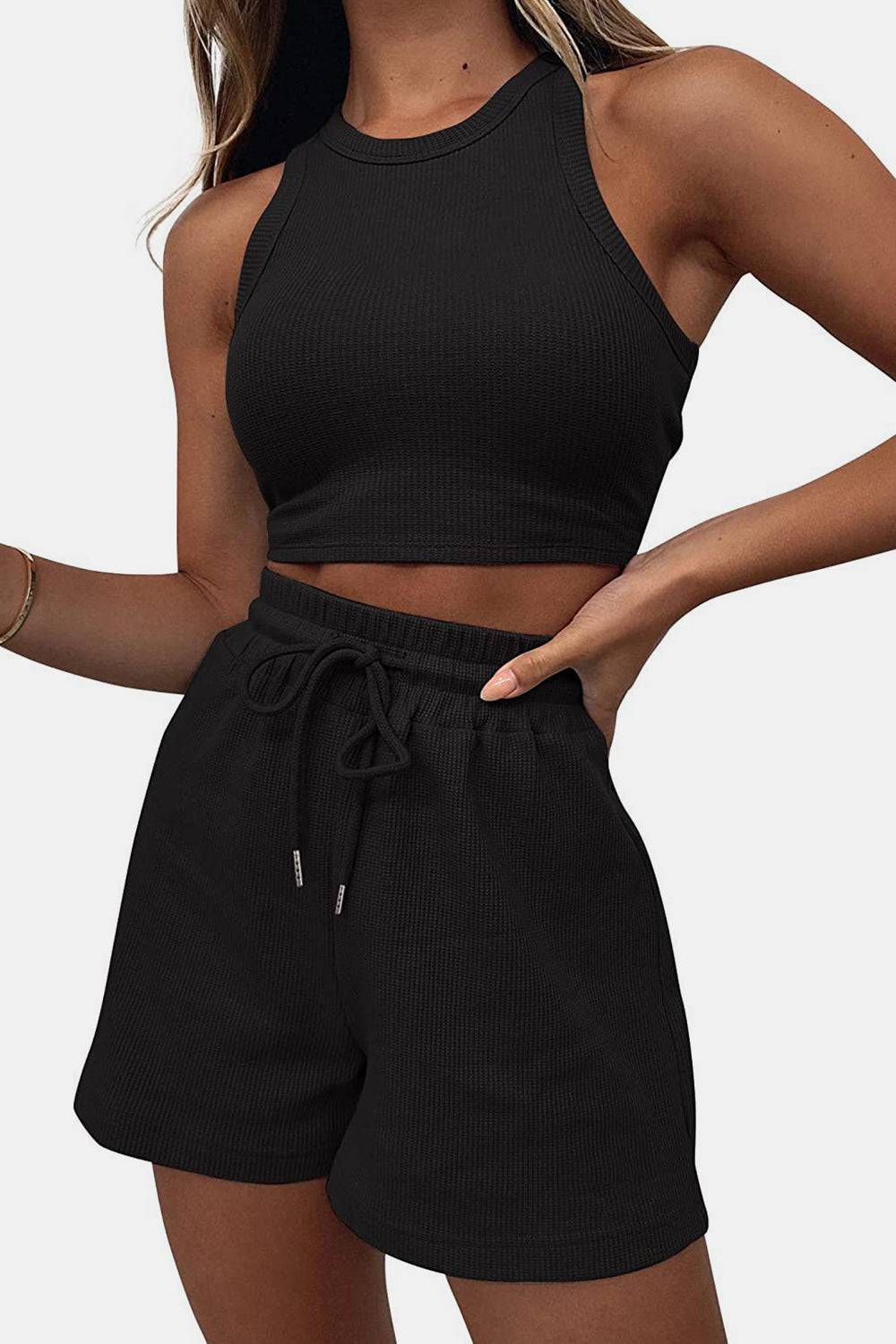 Round Neck Top and Drawstring Shorts Set - Siennasass