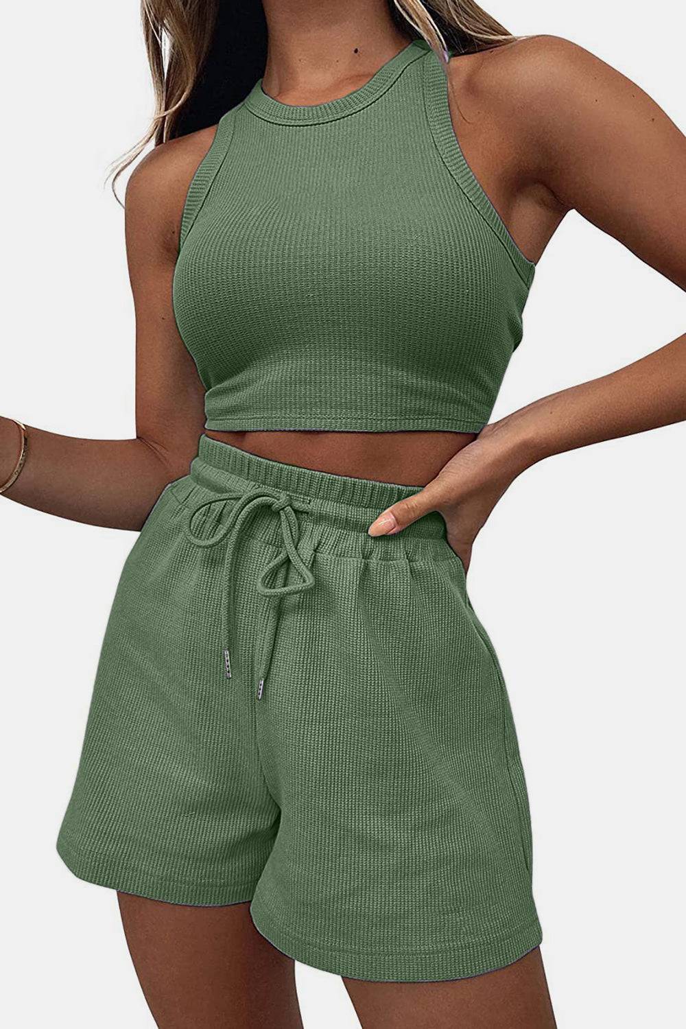 Round Neck Top and Drawstring Shorts Set - Siennasass