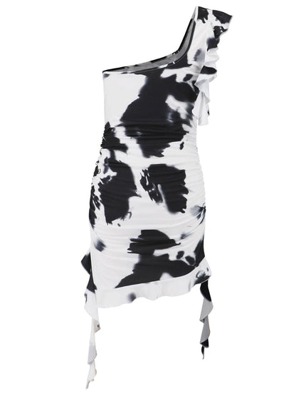 Ruffled Tie-Dye Single Shoulder Mini Dress - Siennasass