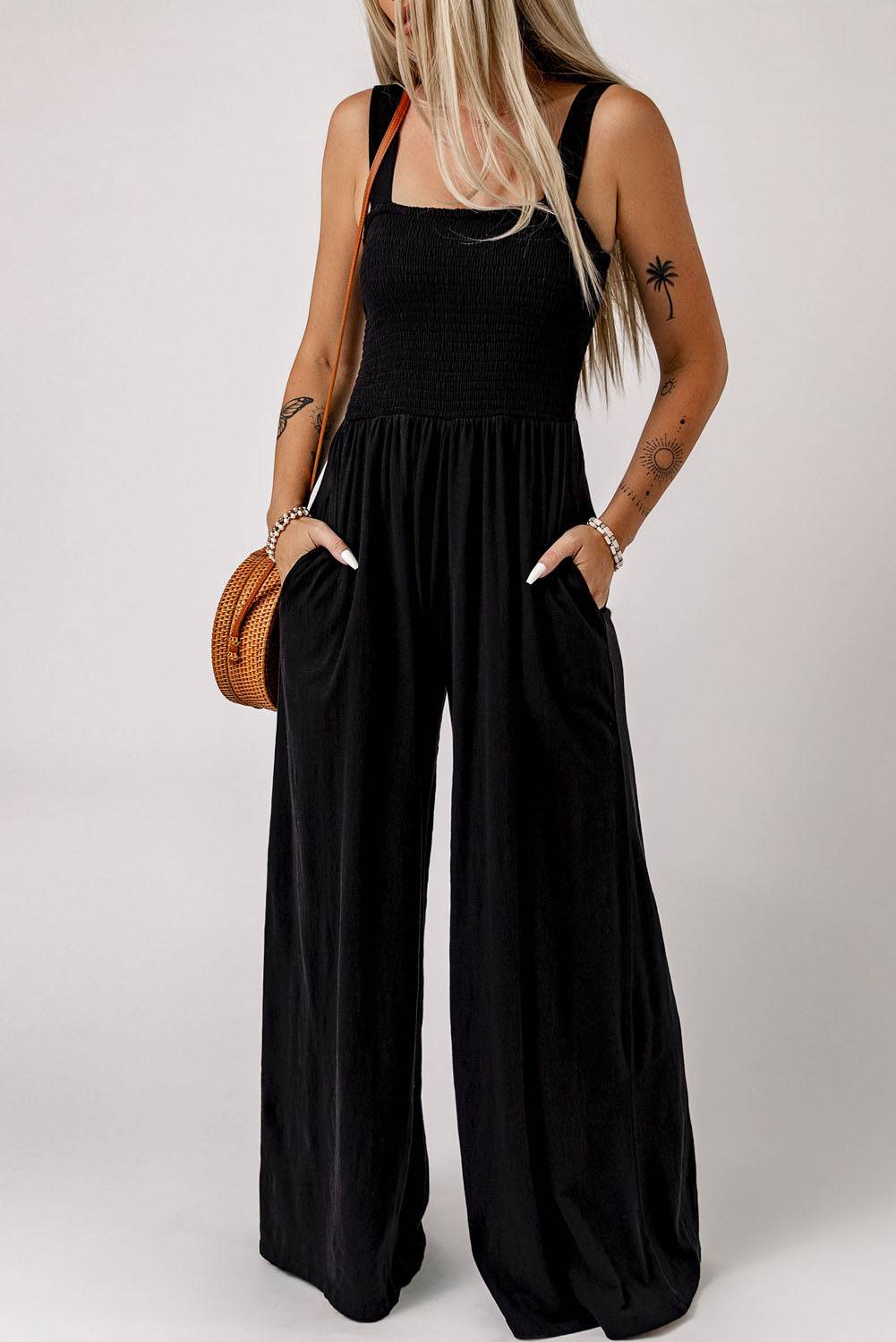 Smocked Square Neck Wide Leg Jumpsuit with Pockets - Siennasass