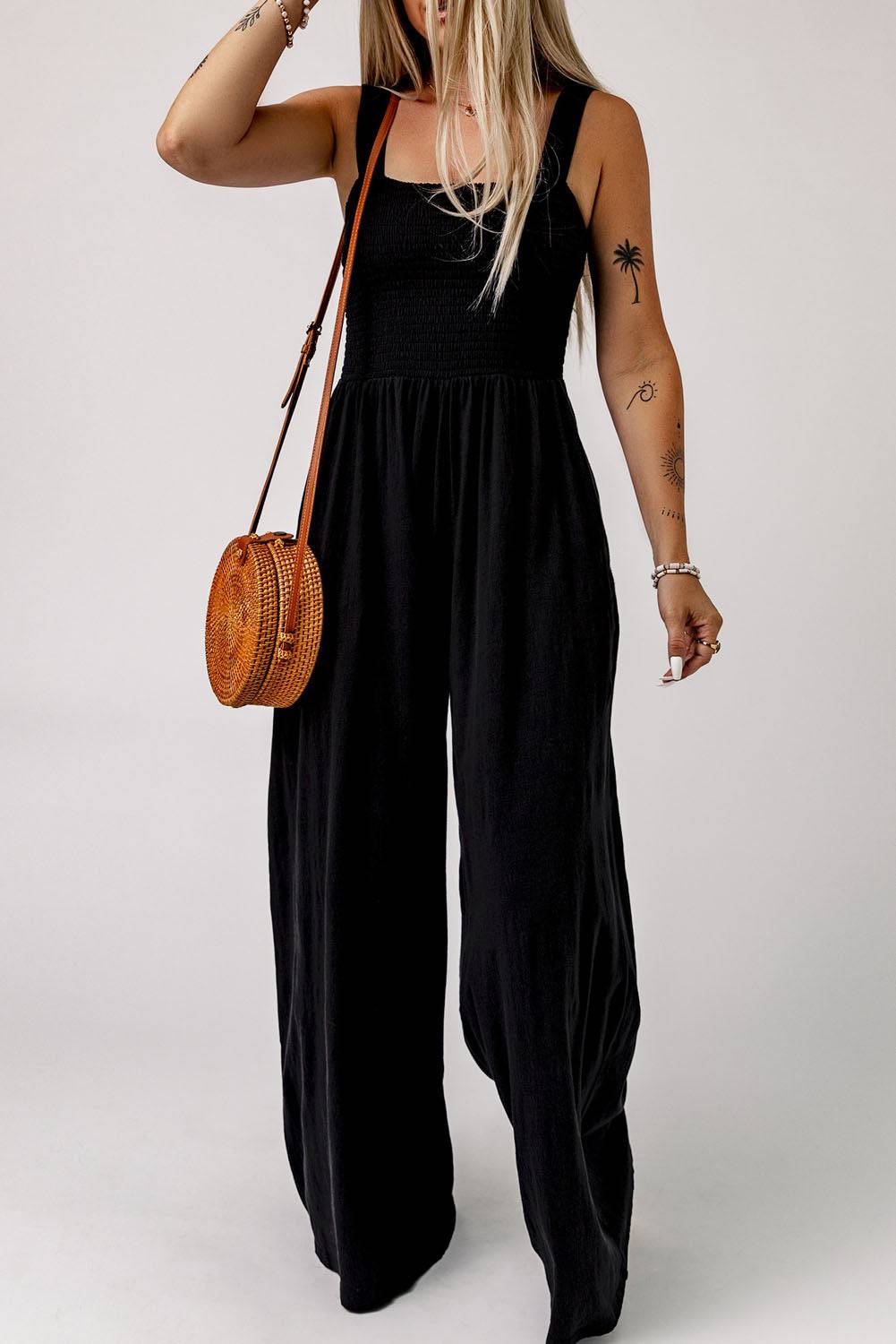 Smocked Square Neck Wide Leg Jumpsuit with Pockets - Siennasass