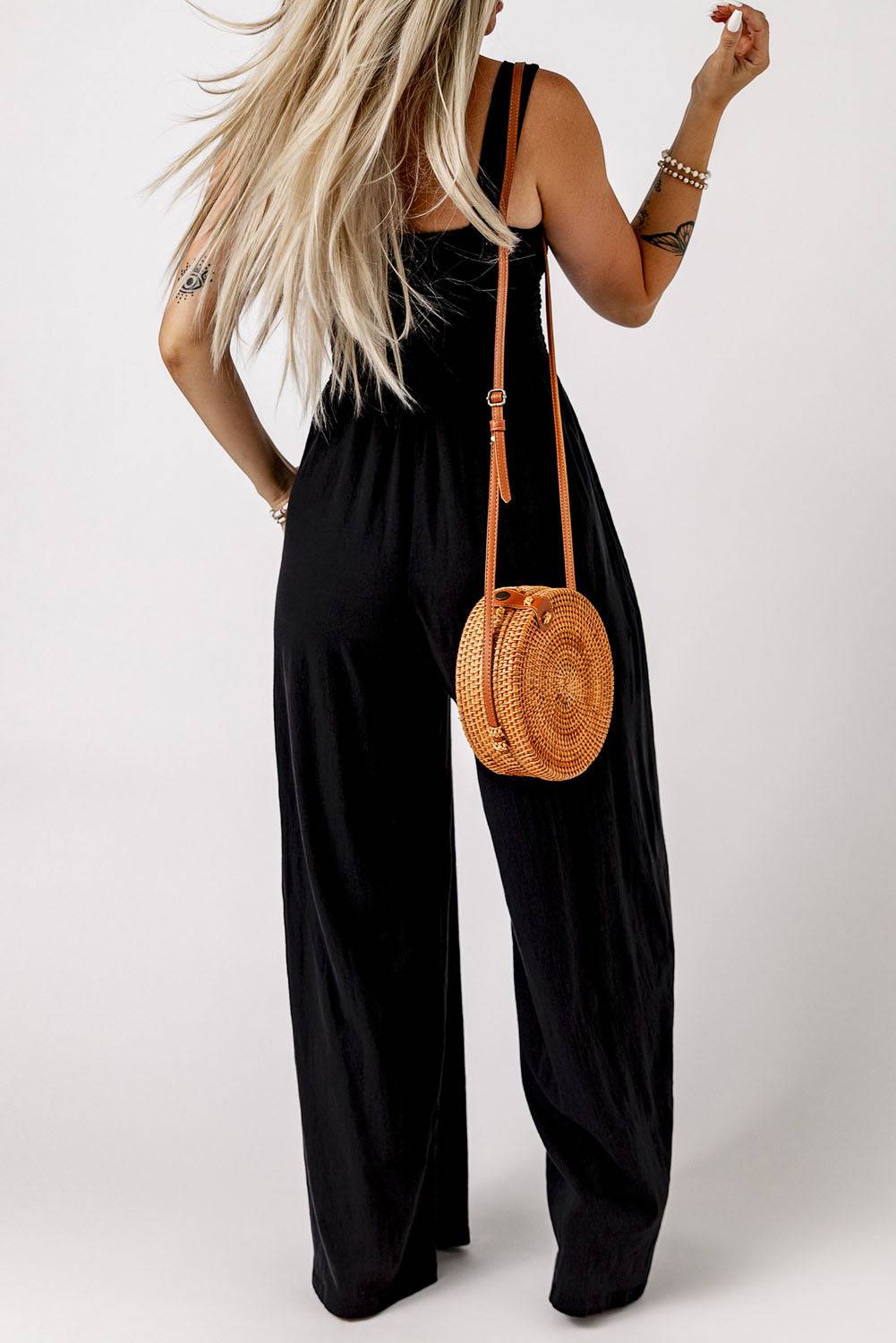 Smocked Square Neck Wide Leg Jumpsuit with Pockets - Siennasass
