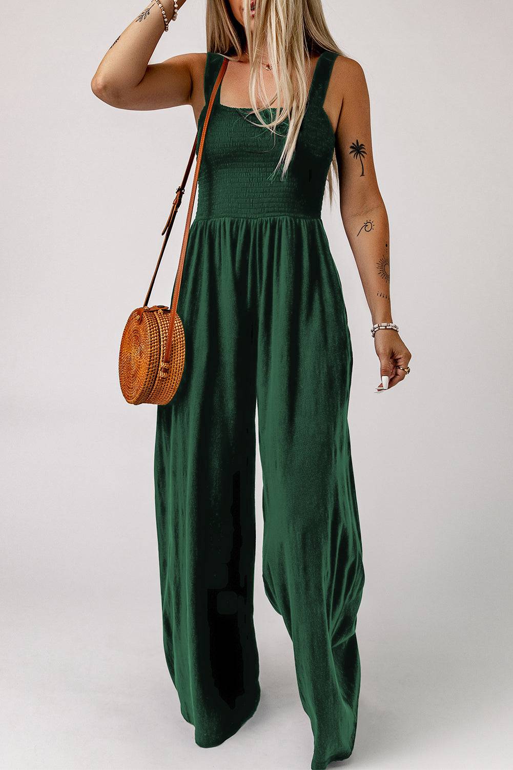 Smocked Square Neck Wide Leg Jumpsuit with Pockets - Siennasass