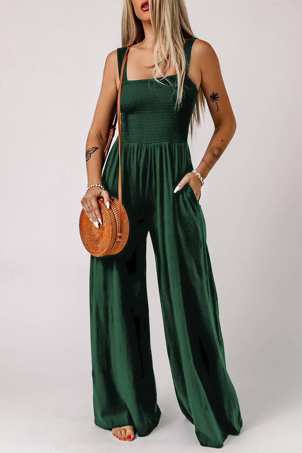 Smocked Square Neck Wide Leg Jumpsuit with Pockets - Siennasass