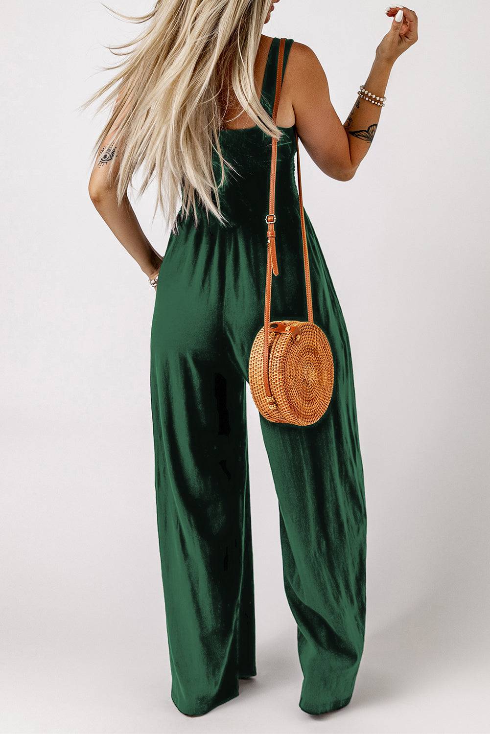 Smocked Square Neck Wide Leg Jumpsuit with Pockets - Siennasass