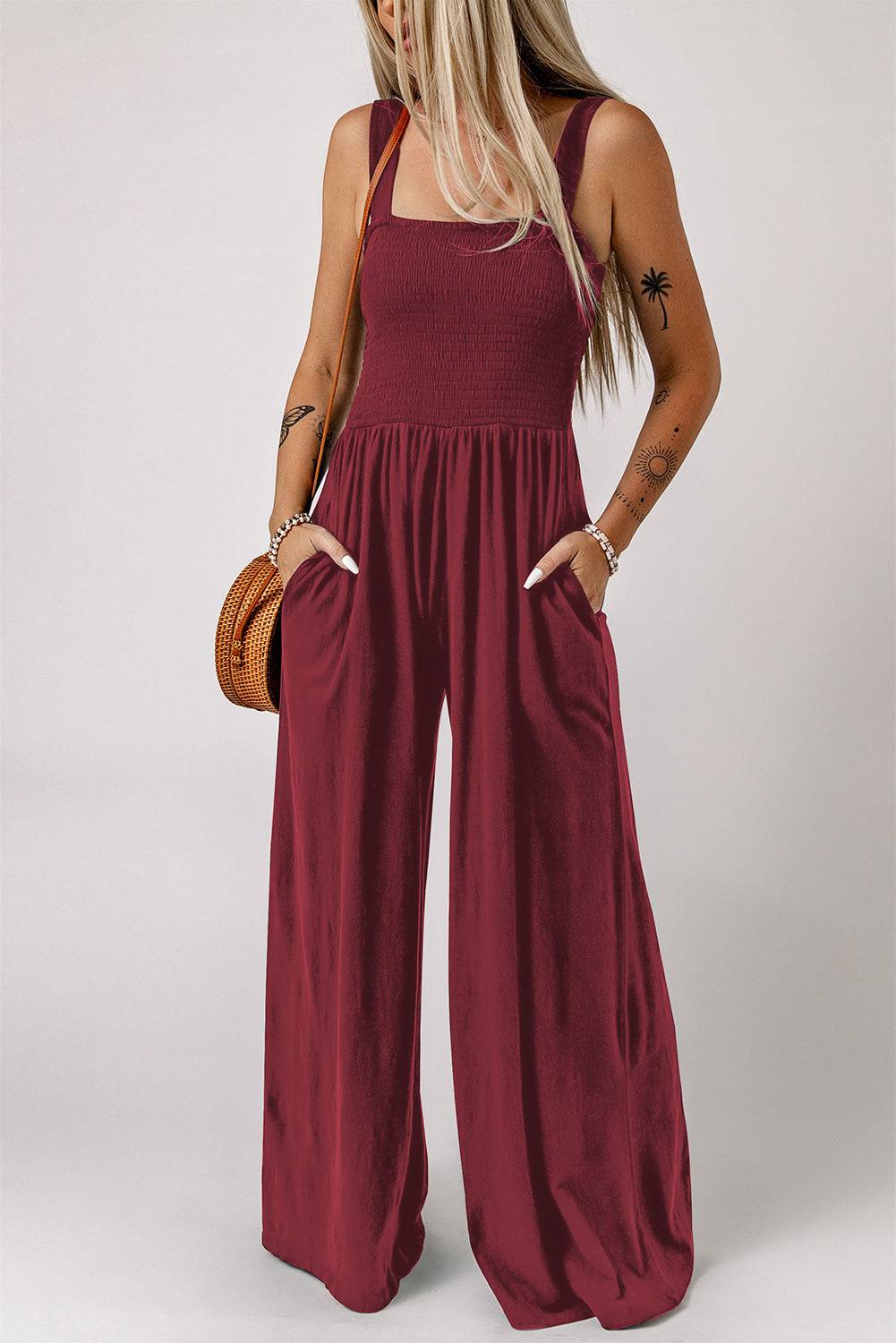 Smocked Square Neck Wide Leg Jumpsuit with Pockets - Siennasass
