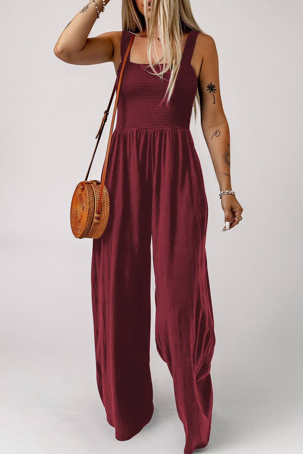 Smocked Square Neck Wide Leg Jumpsuit with Pockets - Siennasass
