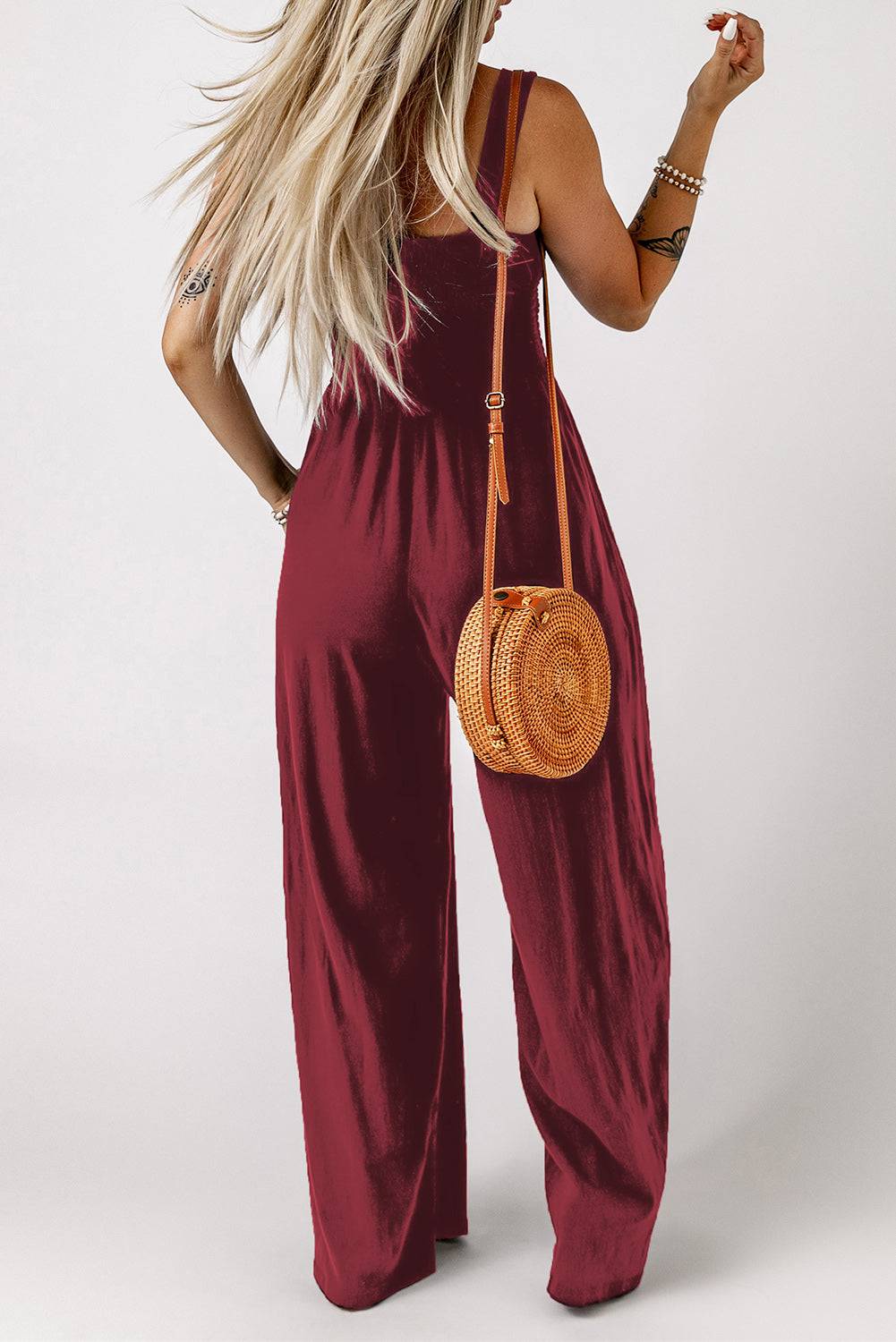 Smocked Square Neck Wide Leg Jumpsuit with Pockets - Siennasass