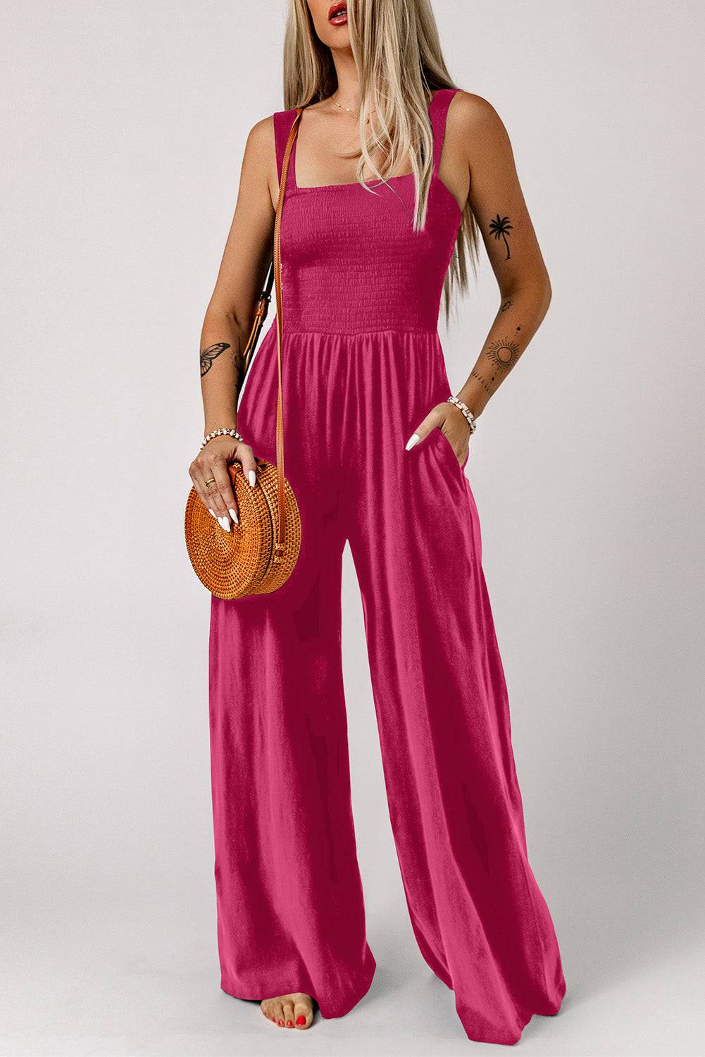 Smocked Square Neck Wide Leg Jumpsuit with Pockets - Siennasass