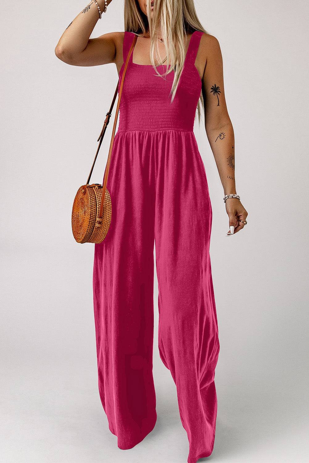 Smocked Square Neck Wide Leg Jumpsuit with Pockets - Siennasass