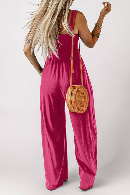 Smocked Square Neck Wide Leg Jumpsuit with Pockets - Siennasass