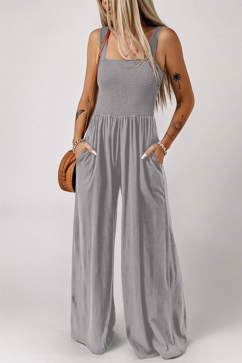 Smocked Square Neck Wide Leg Jumpsuit with Pockets - Siennasass