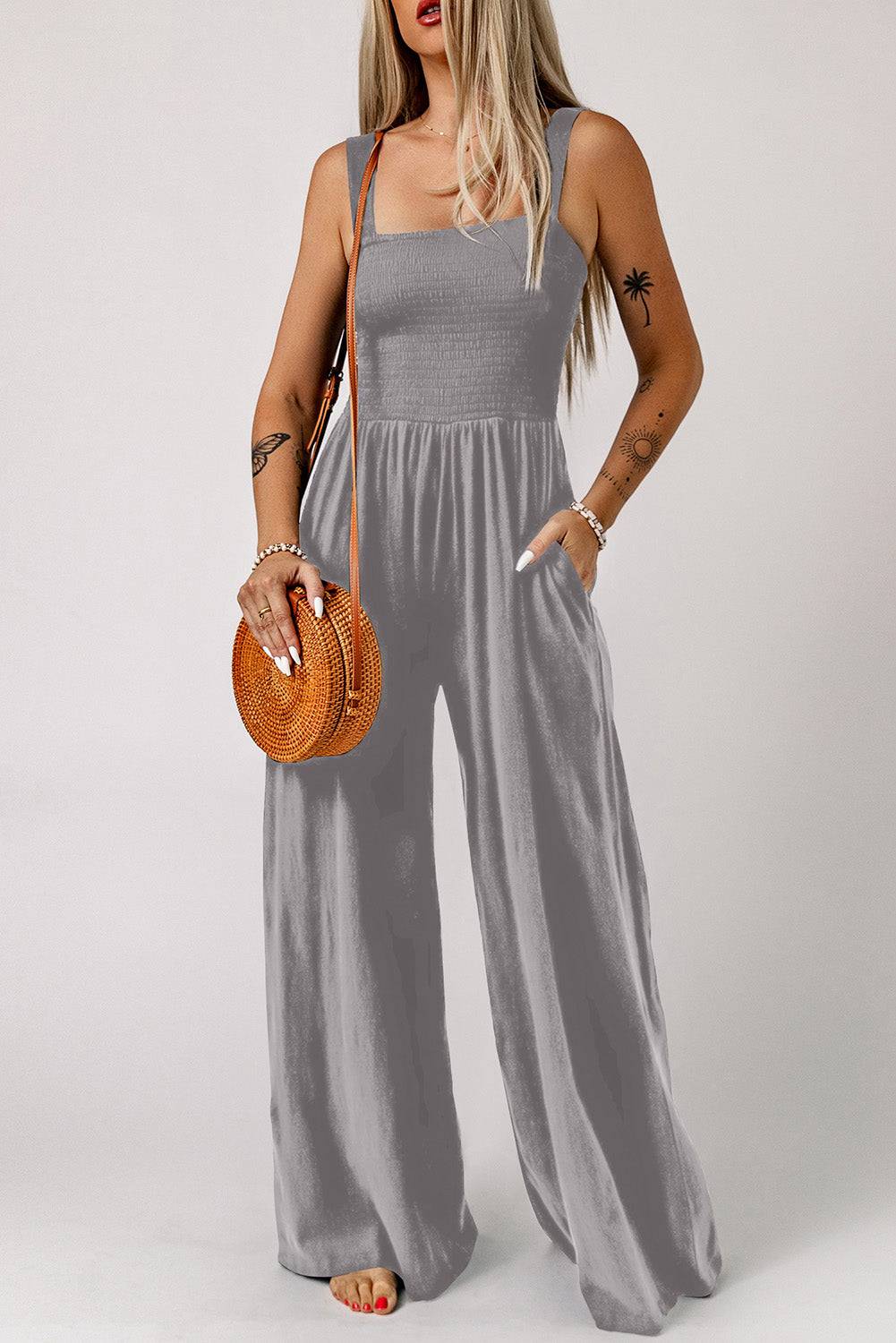 Smocked Square Neck Wide Leg Jumpsuit with Pockets - Siennasass