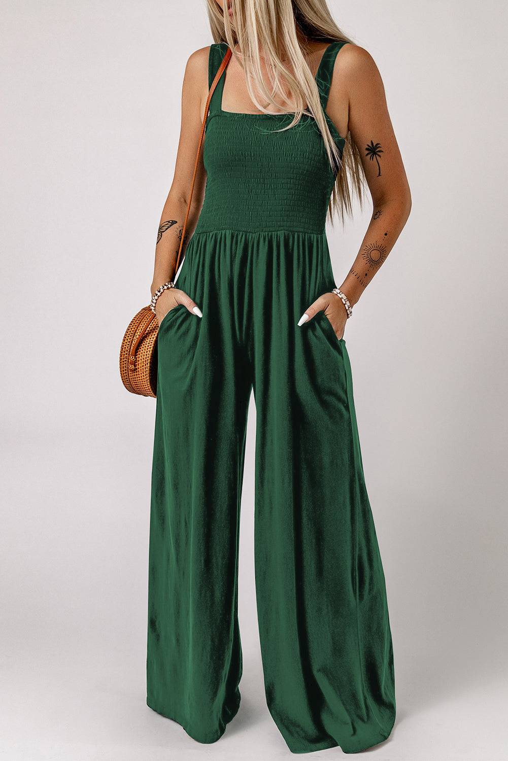 Smocked Square Neck Wide Leg Jumpsuit with Pockets - Siennasass