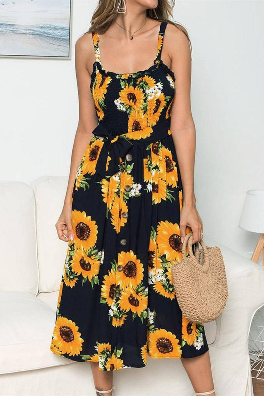 Smocked Sunflower Printed Sleeveless Cami Dress - Siennasass
