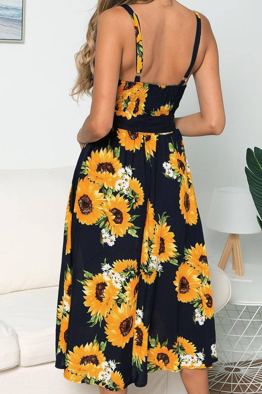 Smocked Sunflower Printed Sleeveless Cami Dress - Siennasass