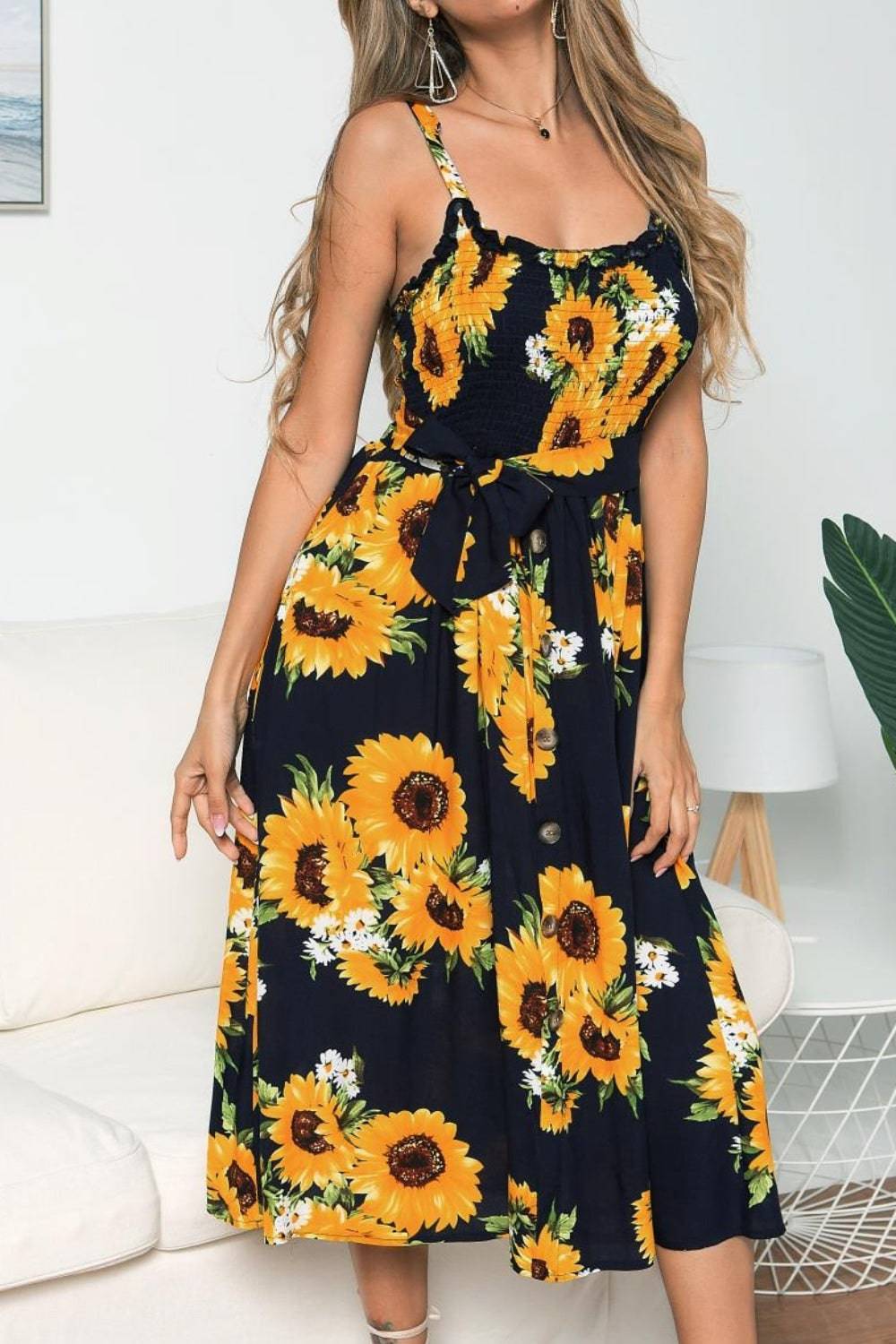 Smocked Sunflower Printed Sleeveless Cami Dress - Siennasass