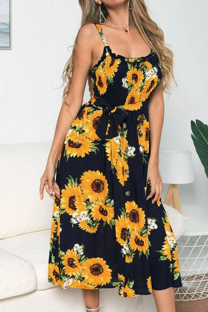 Smocked Sunflower Printed Sleeveless Cami Dress - Siennasass