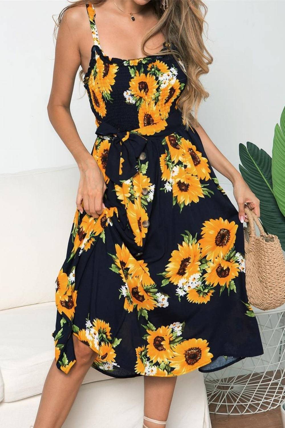 Smocked Sunflower Printed Sleeveless Cami Dress - Siennasass