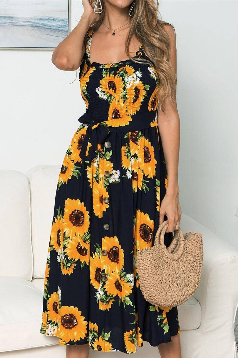 Smocked Sunflower Printed Sleeveless Cami Dress - Siennasass