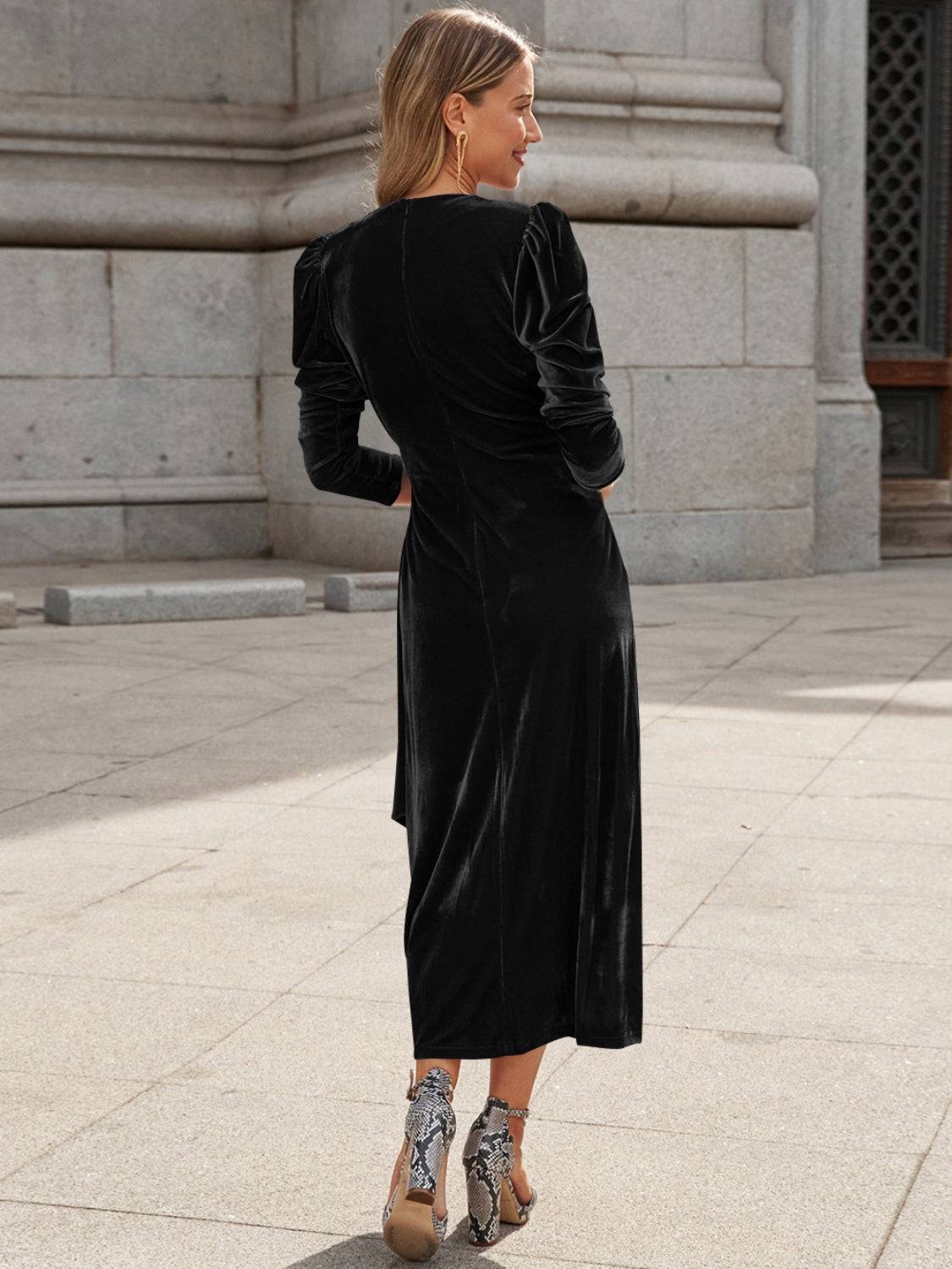 Surplice Puff Sleeve Midi Dress - Siennasass