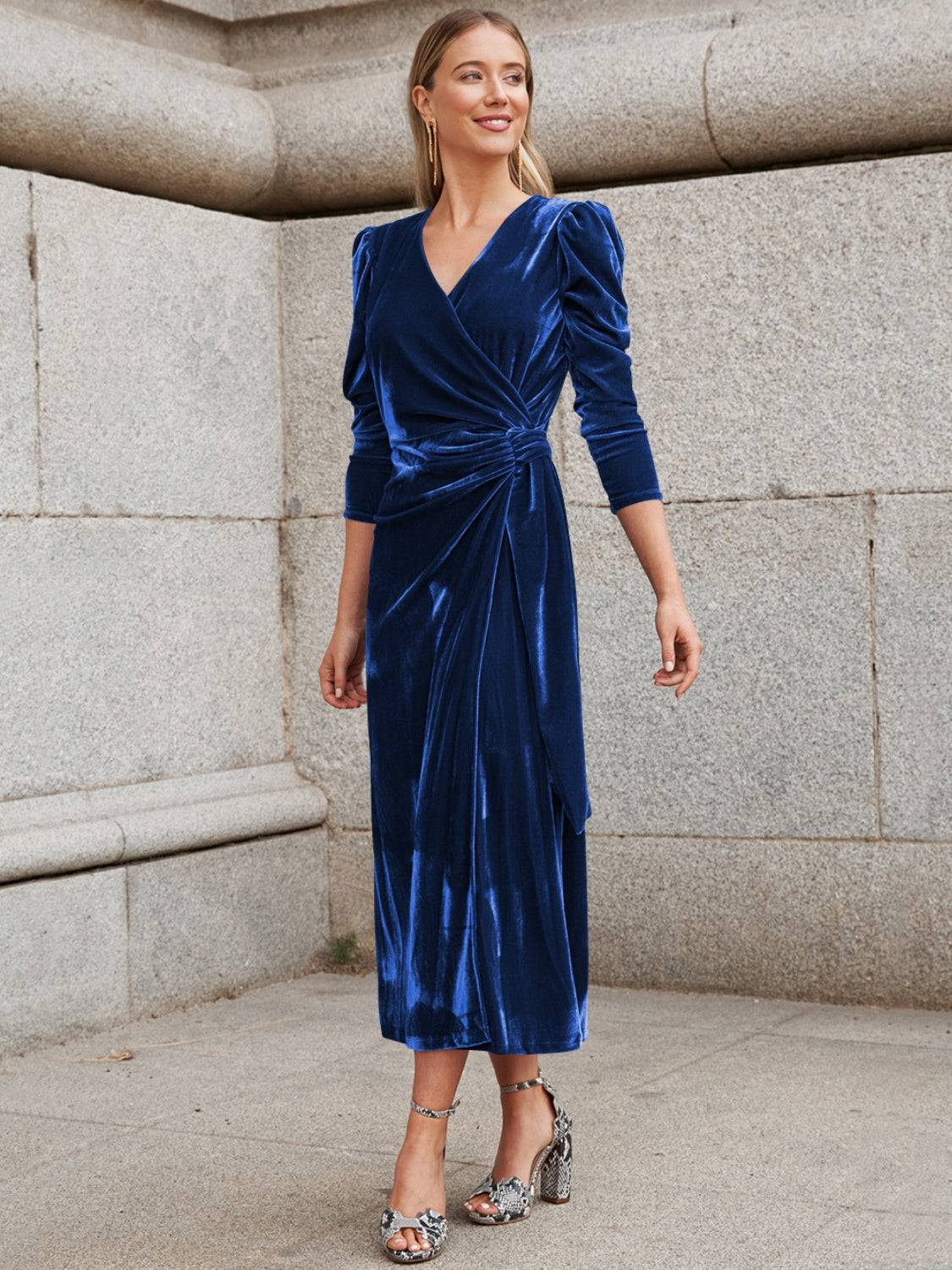 Surplice Puff Sleeve Midi Dress - Siennasass
