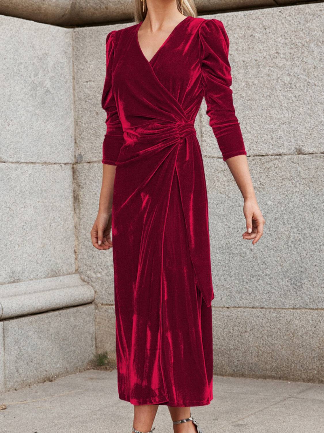 Surplice Puff Sleeve Midi Dress - Siennasass