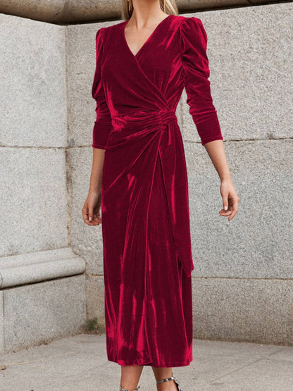 Surplice Puff Sleeve Midi Dress - Siennasass