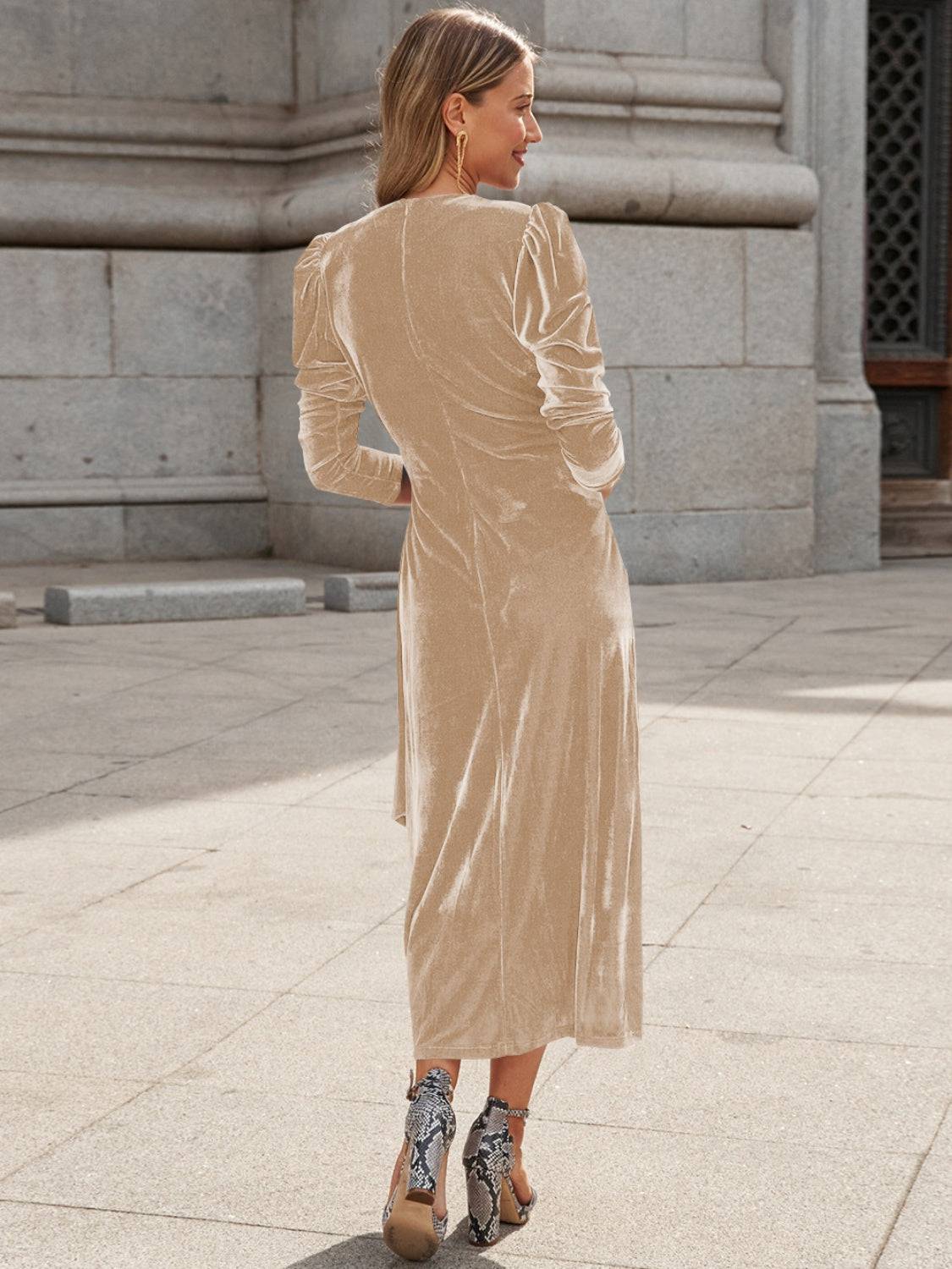 Surplice Puff Sleeve Midi Dress - Siennasass