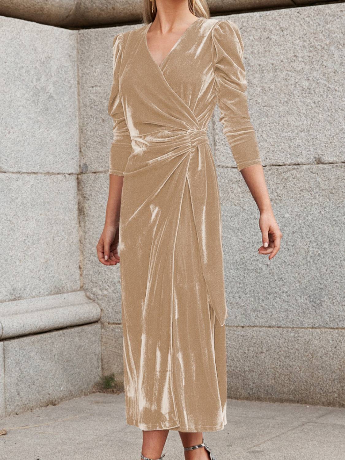 Surplice Puff Sleeve Midi Dress - Siennasass