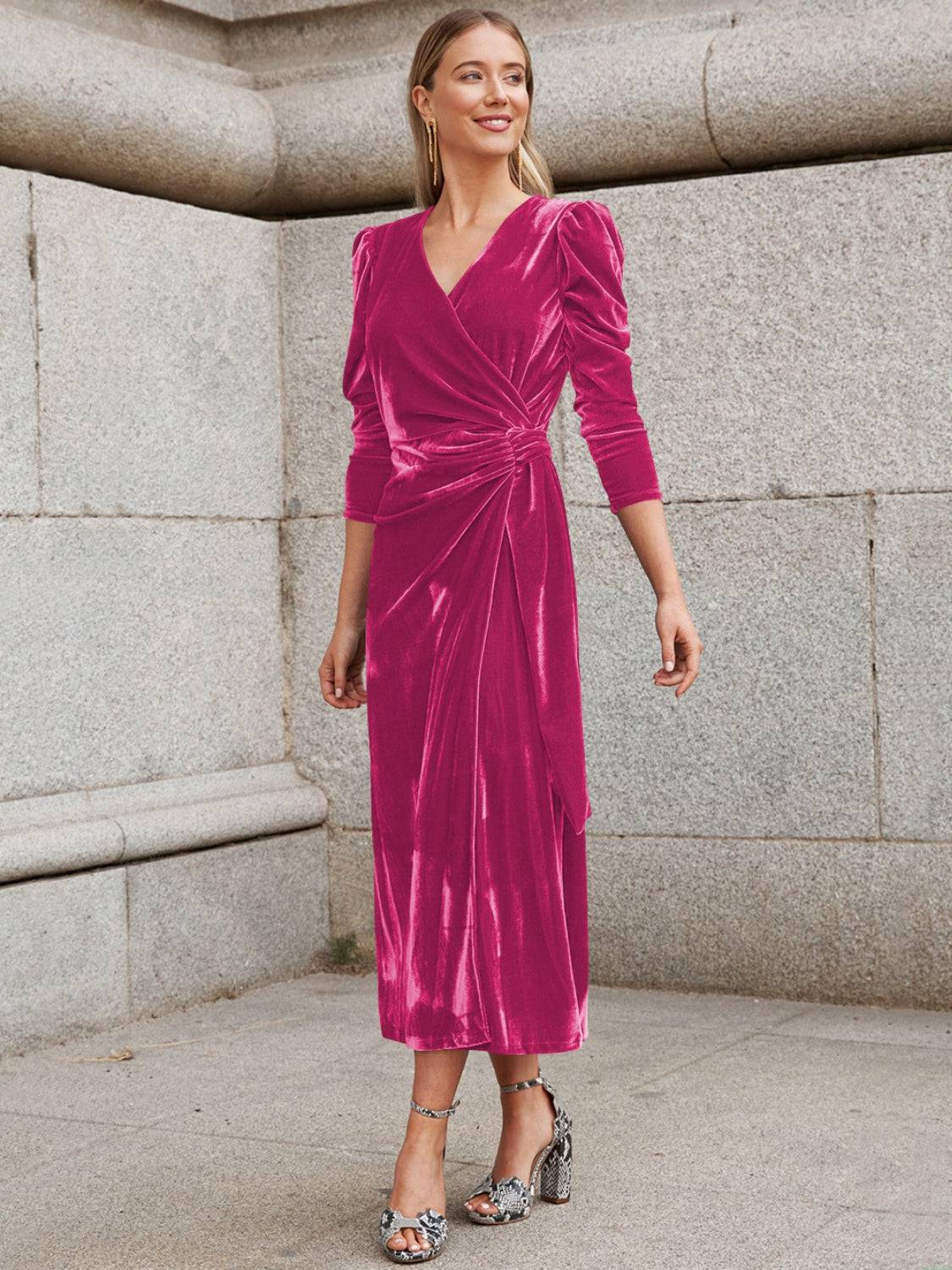 Surplice Puff Sleeve Midi Dress - Siennasass