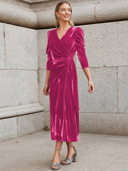 Surplice Puff Sleeve Midi Dress - Siennasass