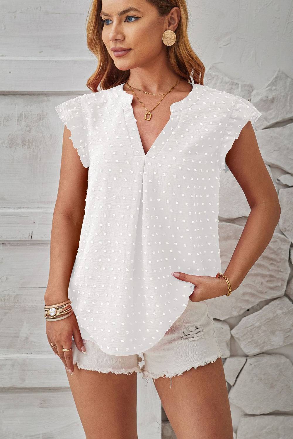 Swiss Dot Ruffled Cap Sleeve T-Shirt - Siennasass