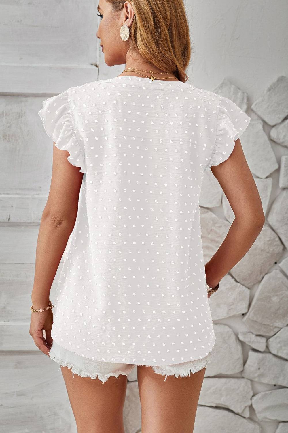 Swiss Dot Ruffled Cap Sleeve T-Shirt - Siennasass