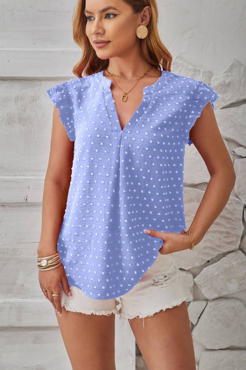 Swiss Dot Ruffled Cap Sleeve T-Shirt - Siennasass