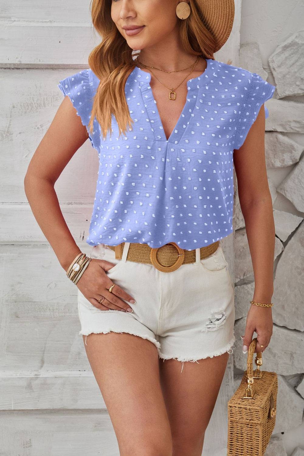 Swiss Dot Ruffled Cap Sleeve T-Shirt - Siennasass