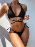 Textured Halter Neck Tie Side Bikini Set - Siennasass