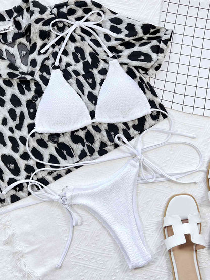 Textured Halter Neck Tie Side Bikini Set - Siennasass