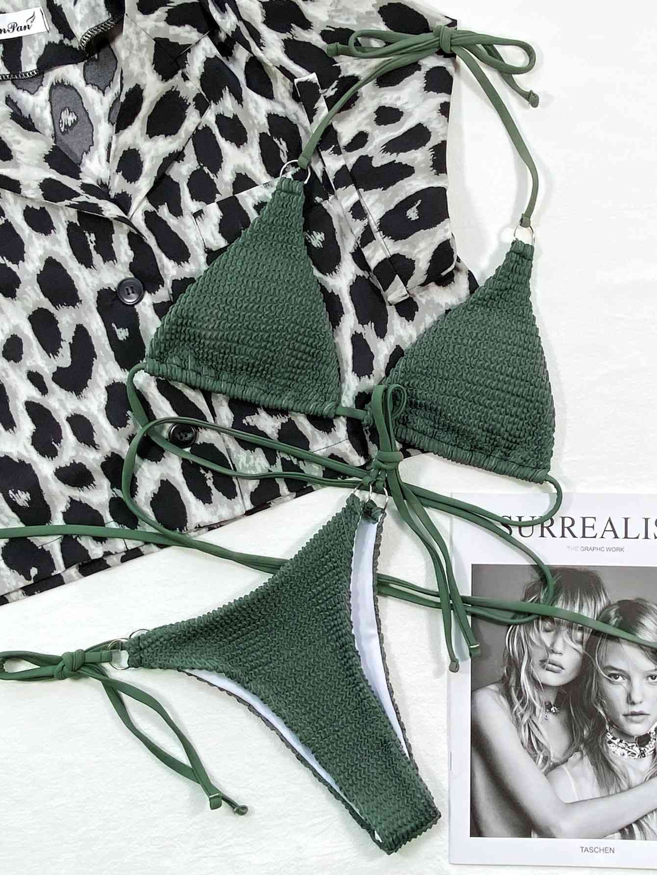 Textured Halter Neck Tie Side Bikini Set - Siennasass
