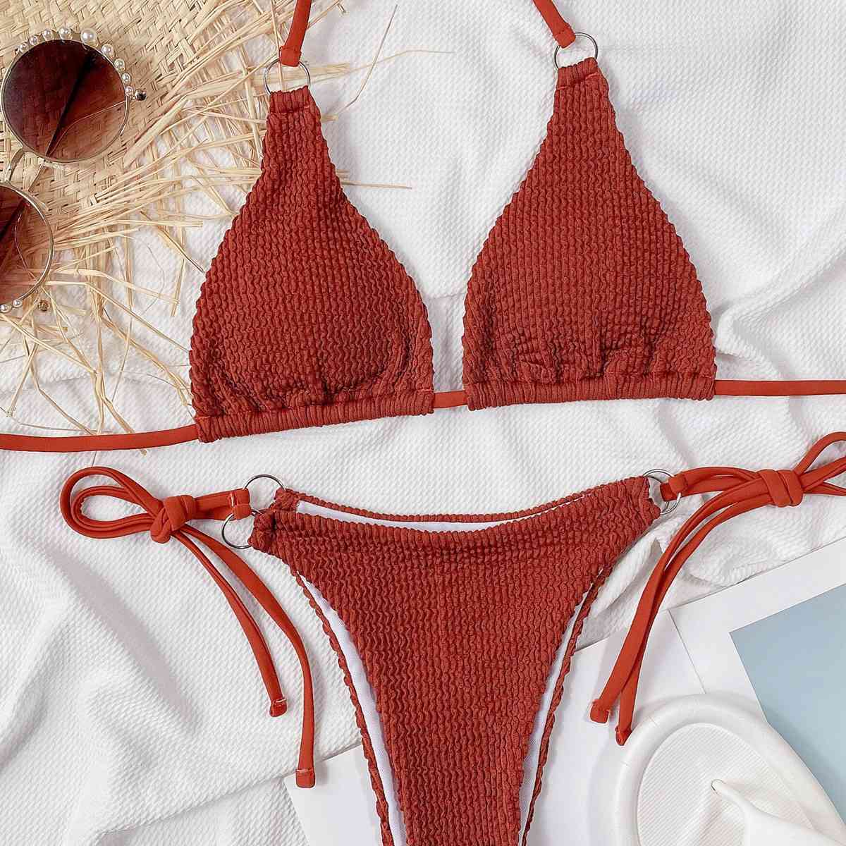 Textured Halter Neck Tie Side Bikini Set - Siennasass