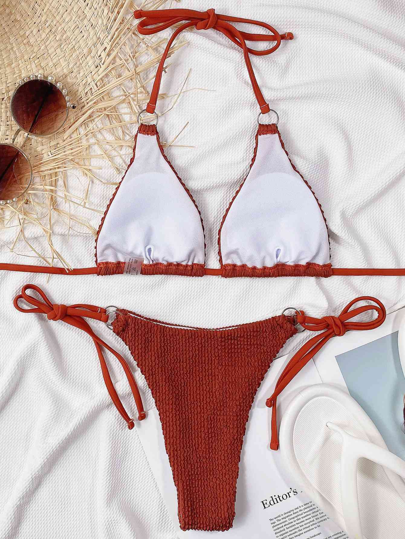 Textured Halter Neck Tie Side Bikini Set - Siennasass