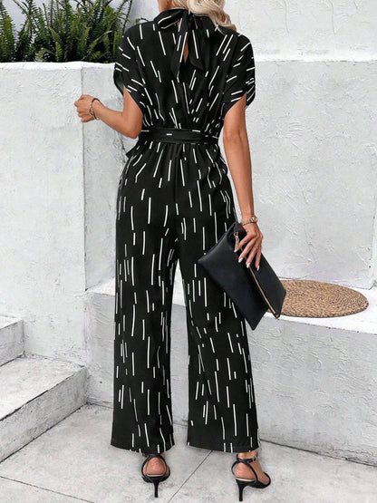 Tied Printed Mock Neck Wide Leg Jumpsuit - Siennasass