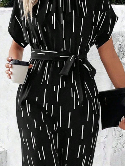 Tied Printed Mock Neck Wide Leg Jumpsuit - Siennasass