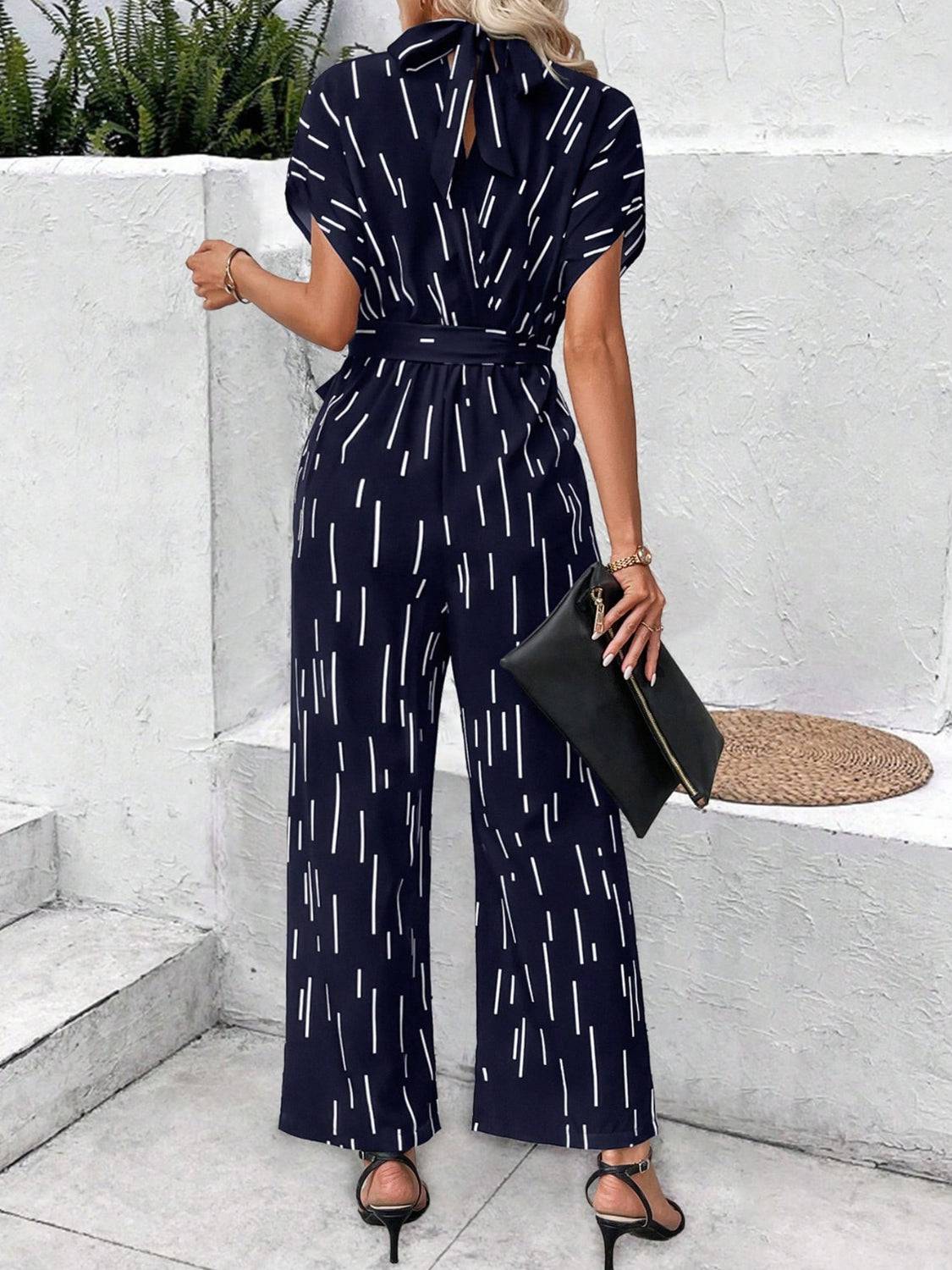 Tied Printed Mock Neck Wide Leg Jumpsuit - Siennasass